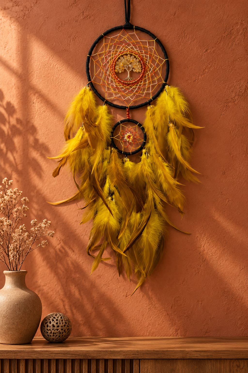 Attrape Rêve Indien Plumes Jaunes