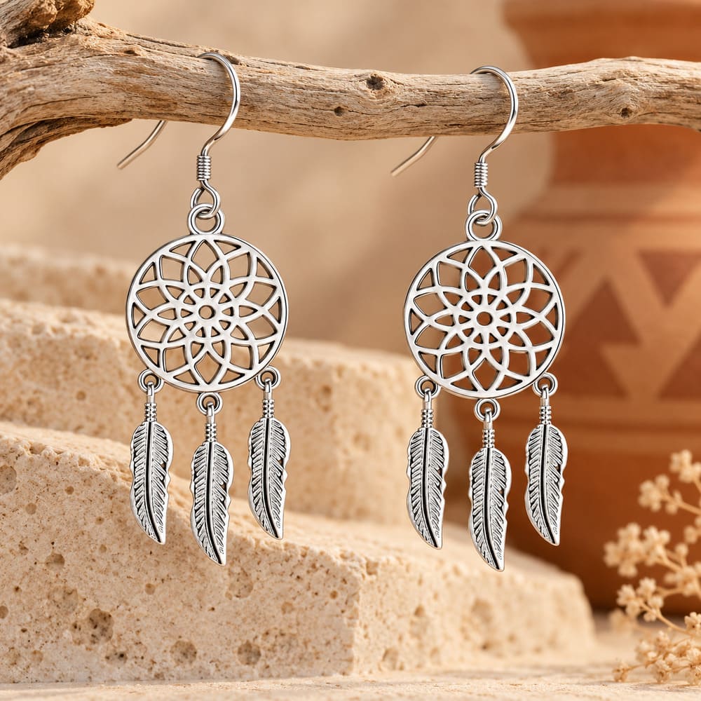 Boucle d’Oreille Argentée – Attrape Rêve et 3 Plumes