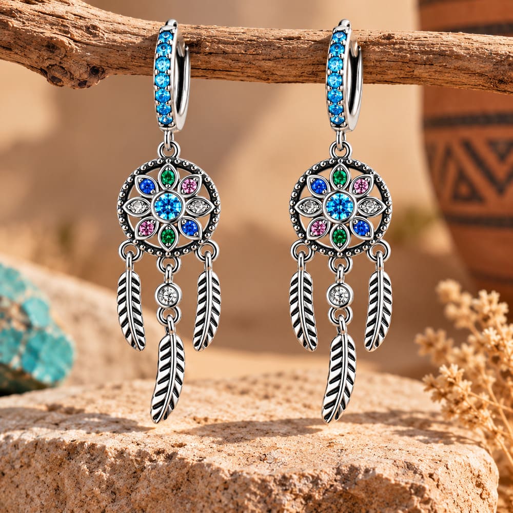 Boucle d’Oreille Attrape Rêve Argent – Strass Coloré