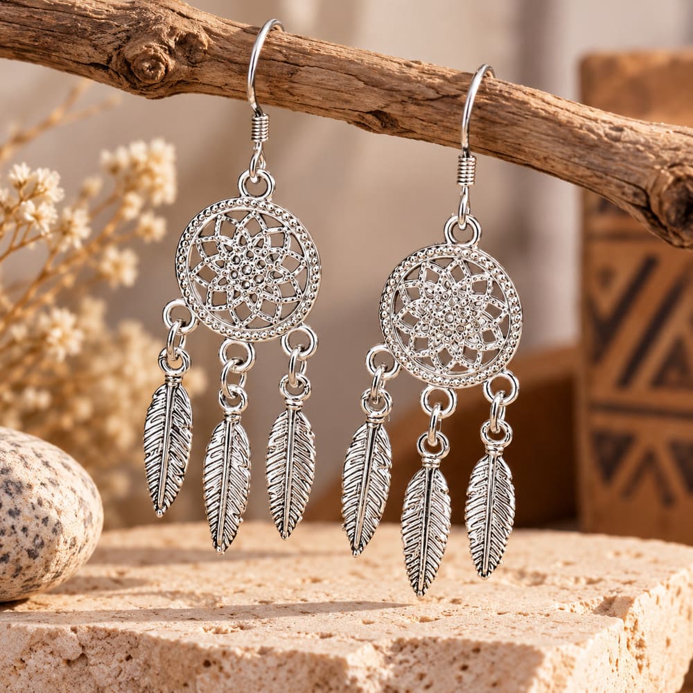 Boucle d’Oreille Attrape Rêve Indien Fantaisie