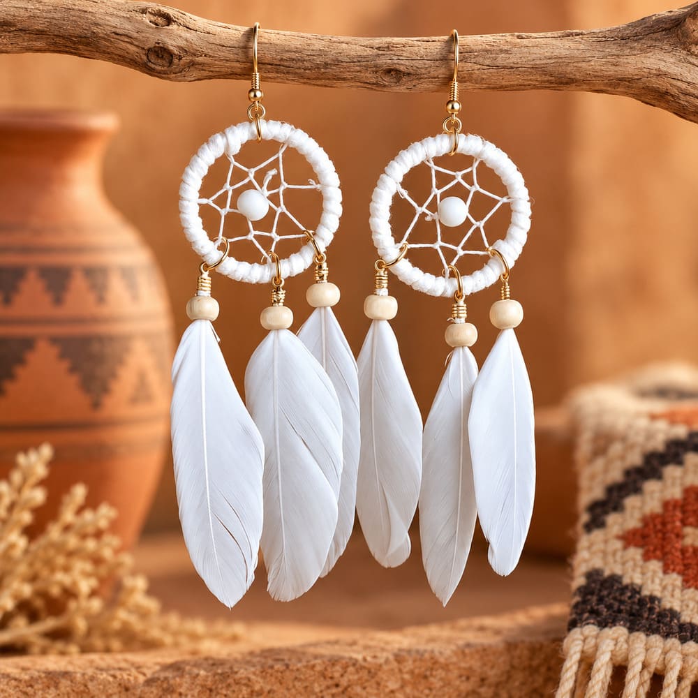 Boucle d’Oreille Attrape Rêve à Plumes Blanches