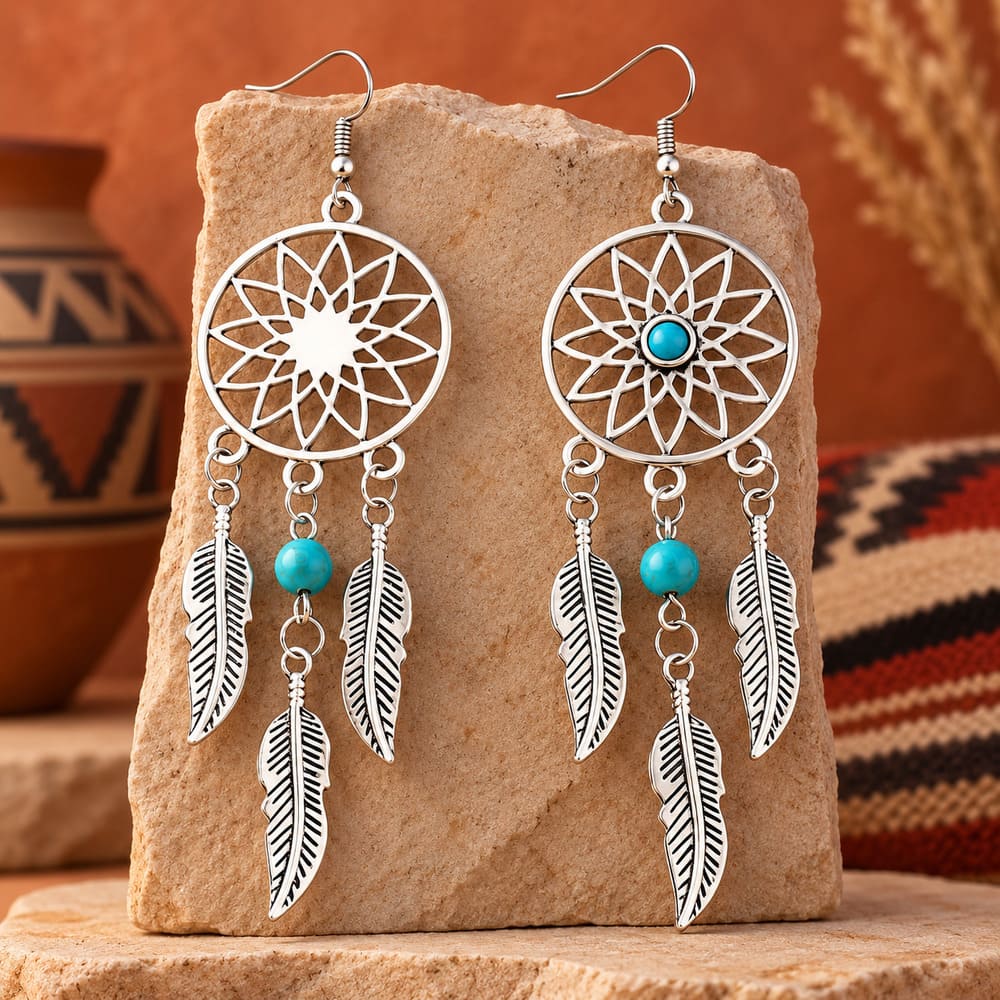 Boucle d’Oreille Attrape Rêve – Perle Turquoise