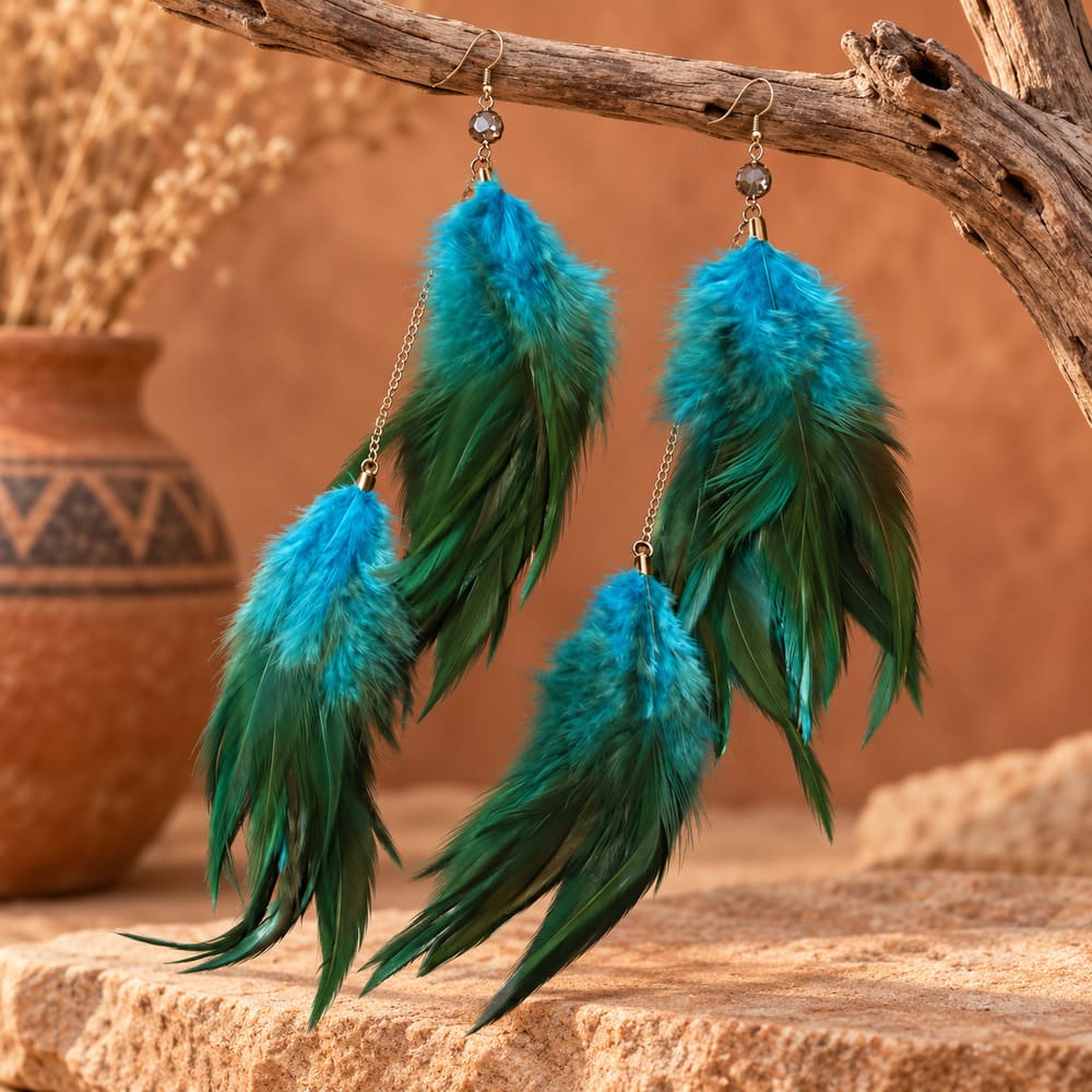 Boucle d’Oreille Plumes Bleues et Vertes