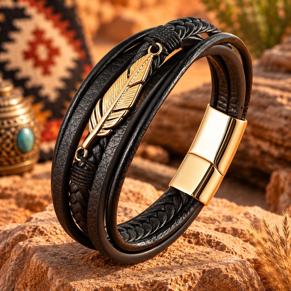 Bracelet Cuir Indien – Plume Magique