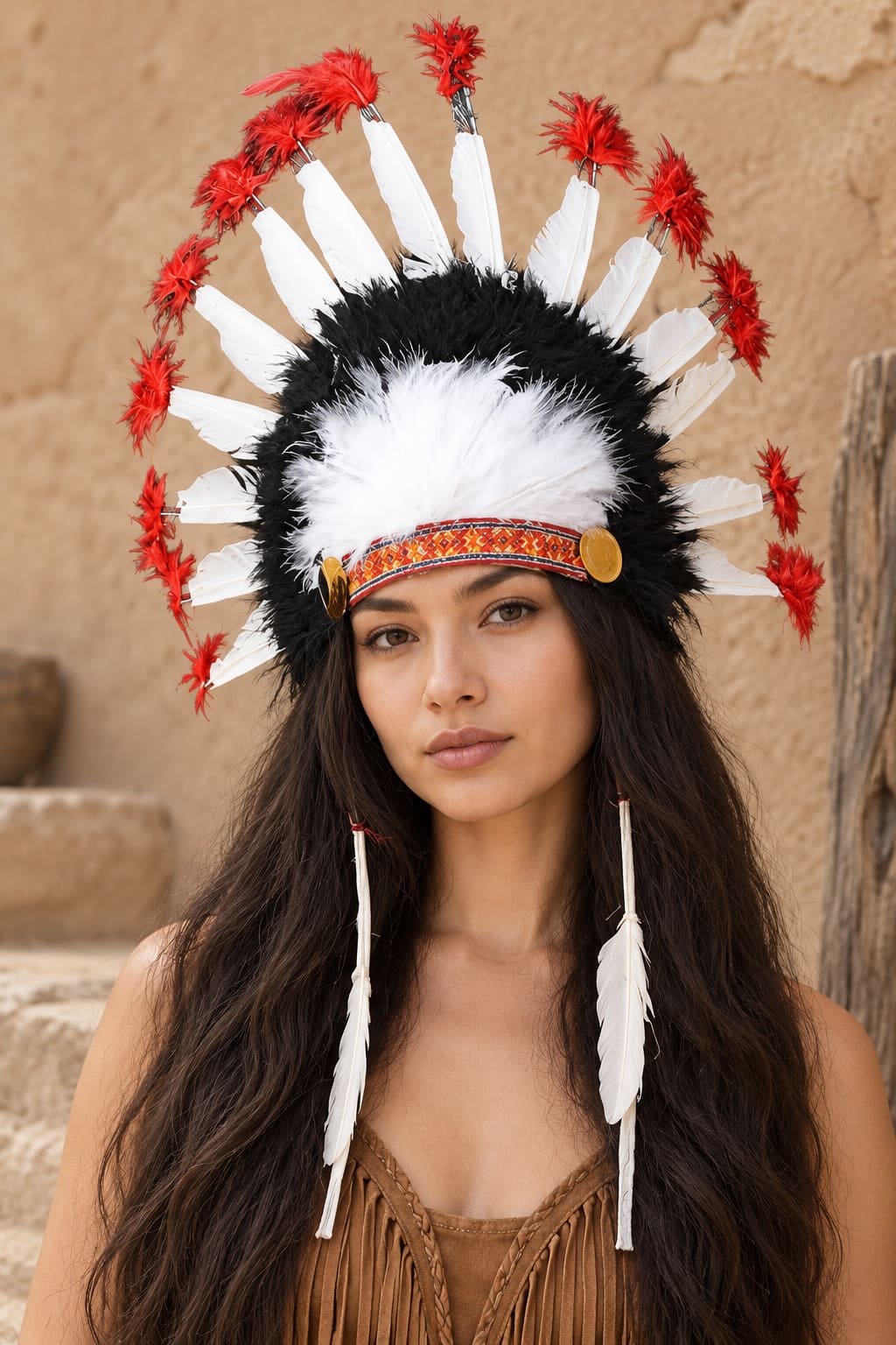 Chapeau Indien Femme – Plumes Blanches et Rouges