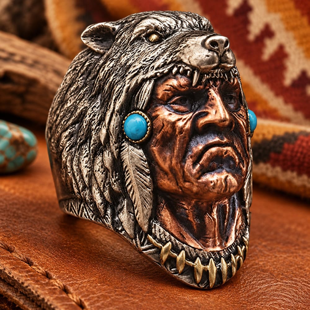Chevalière Homme – Tête de Chef Amérindien Surplombée d’un Loup Féroce