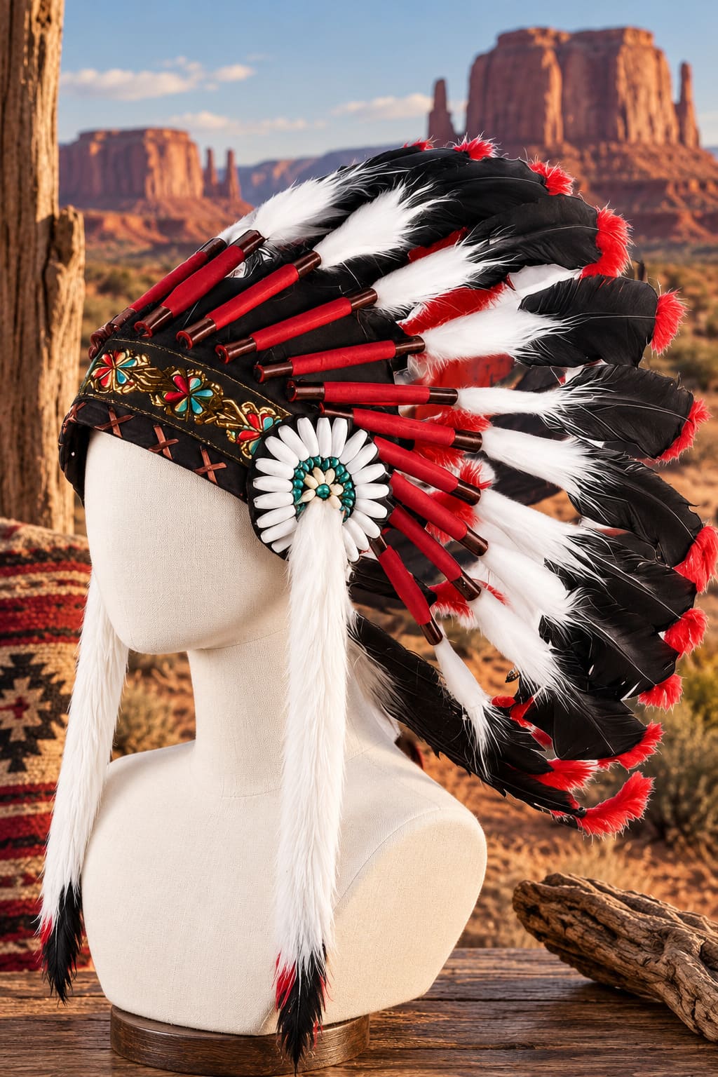 Coiffe Indien d’Amérique – Rouge, Blanc et Noir