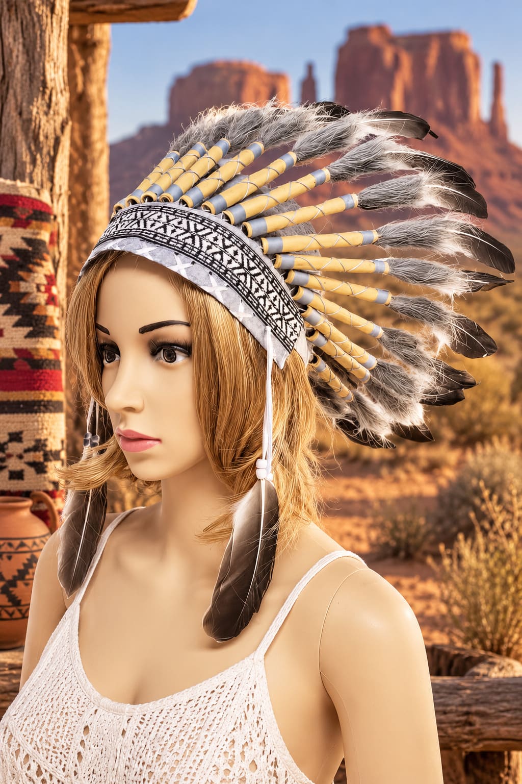 Coiffe Indienne à Plumes Grises Argentées