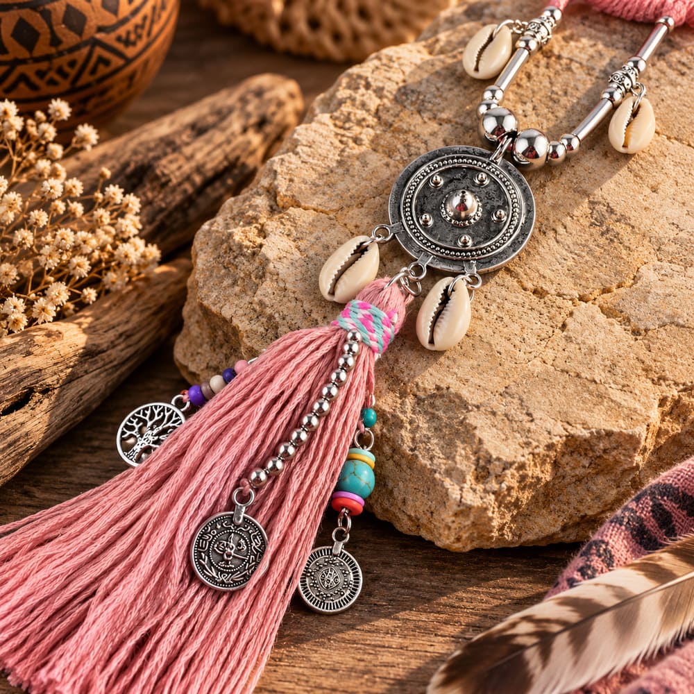 Collier Amérindien Femme à Pompons – Rose et Gris
