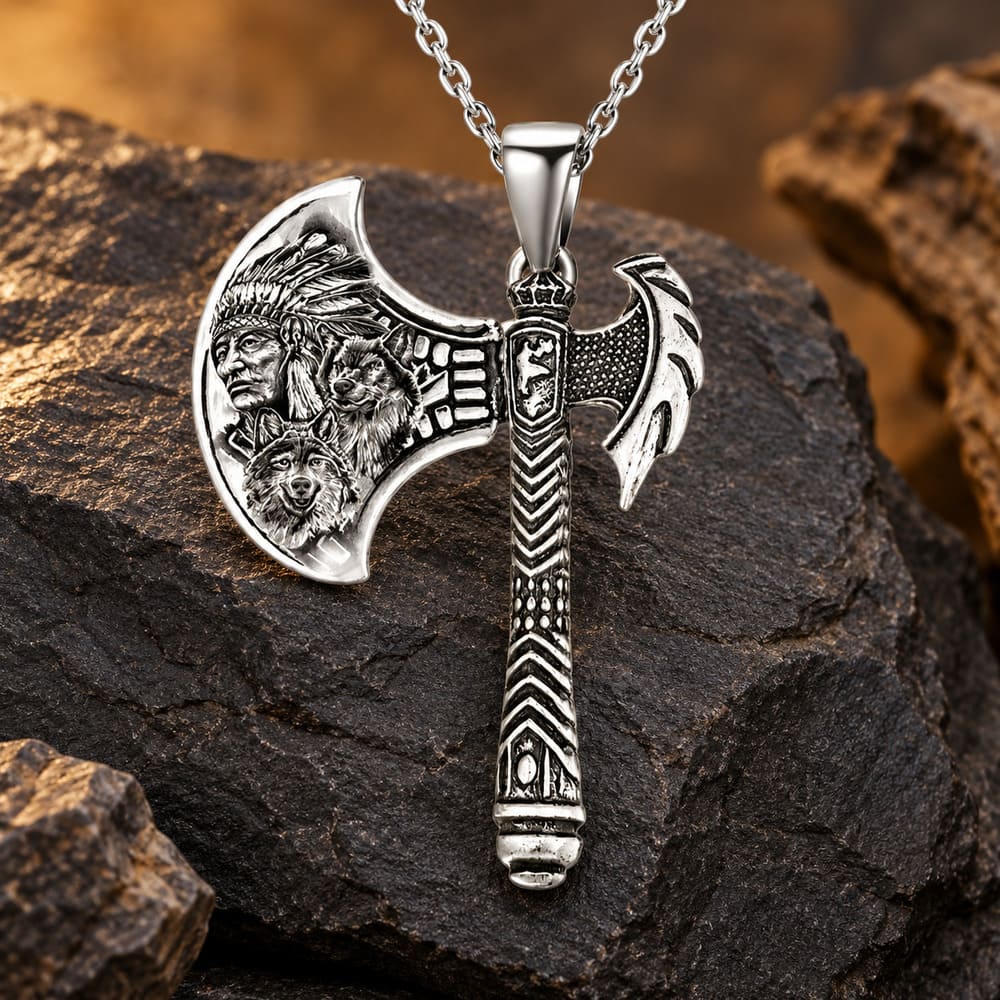 Collier Amérindien Homme – Hache du Chef et du Loup