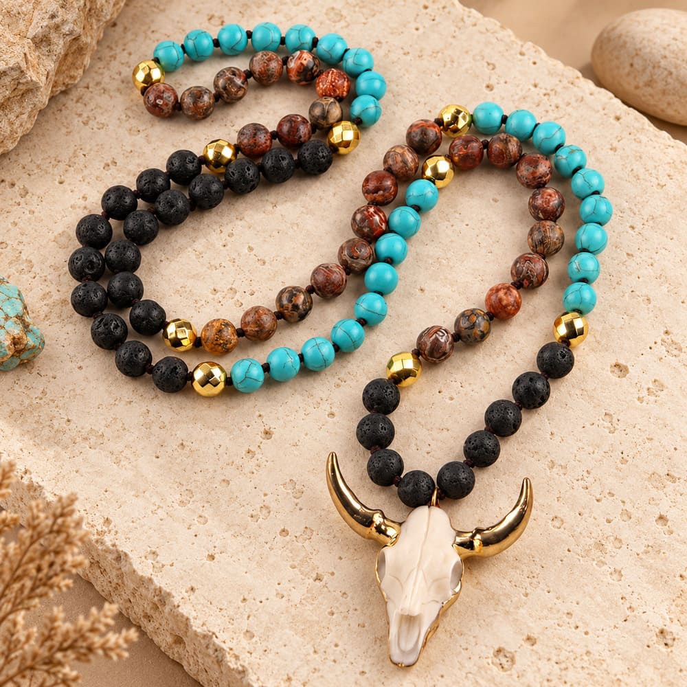 Collier Amérindien à Perles – Crane de Buffle