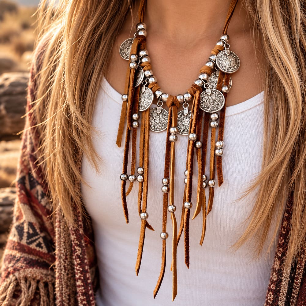 Collier Indien d’Amérique Femme – Franges Marrons et Médaillons Argentés