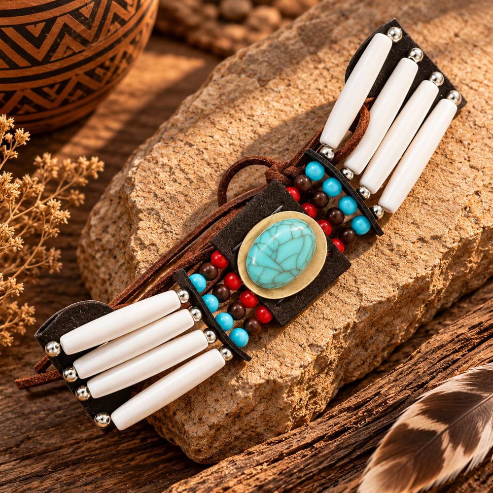 Collier Ras de Cou Indien – Os et Turquoise Synthétique