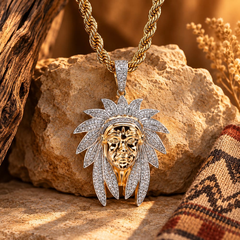 Pendentif Fantaisie Strass – Chef Amérindien – Doré et Argenté