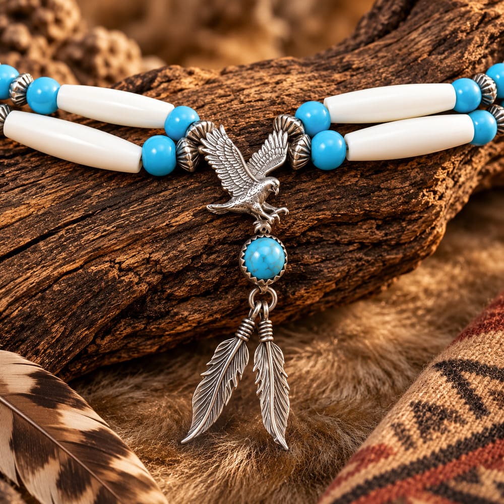 Pendentif Indien Femme – Ras de Cou – Os et Turquoise Synthétique