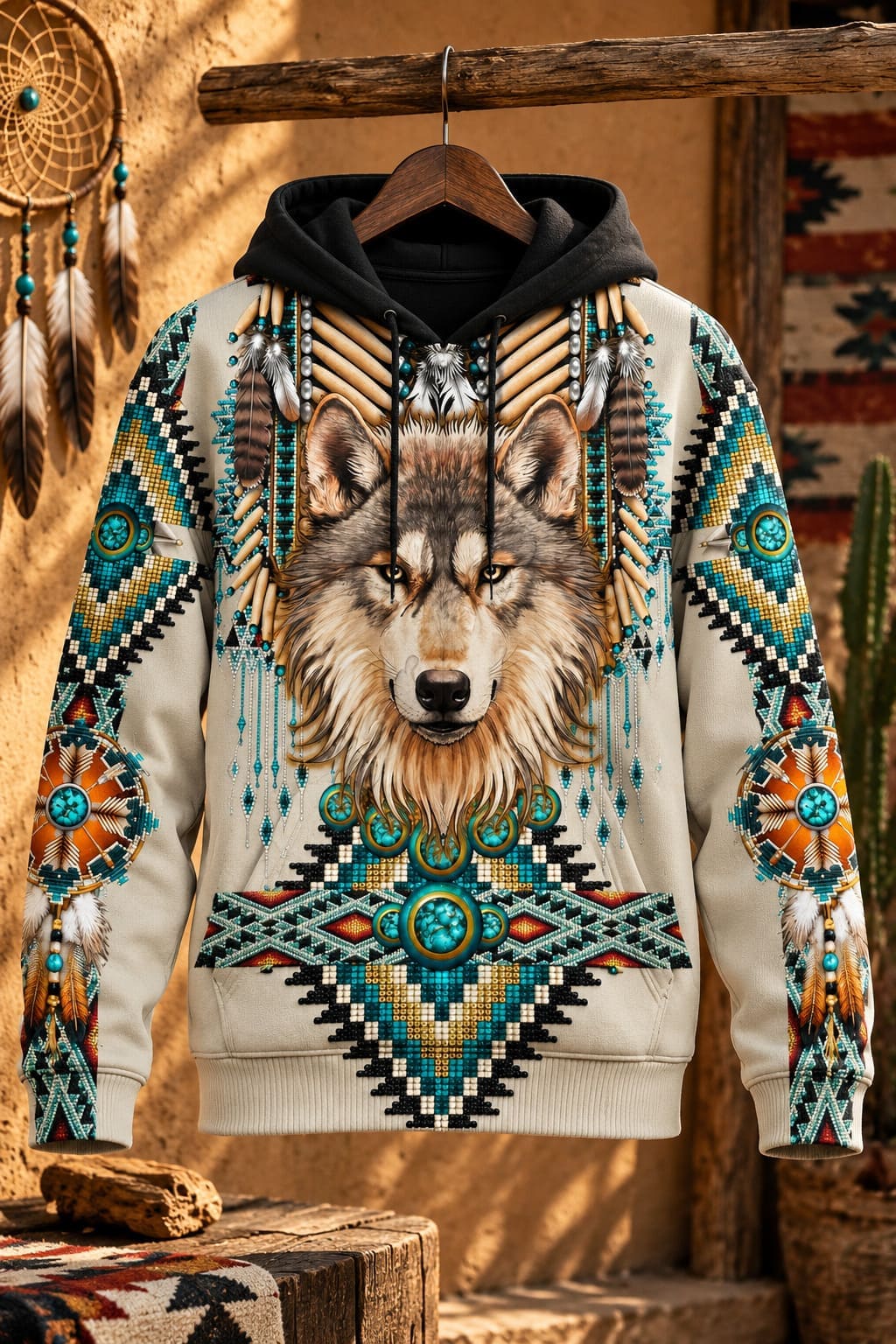 Pull Homme – Tête de Loup & Motifs Indiens Tribaux