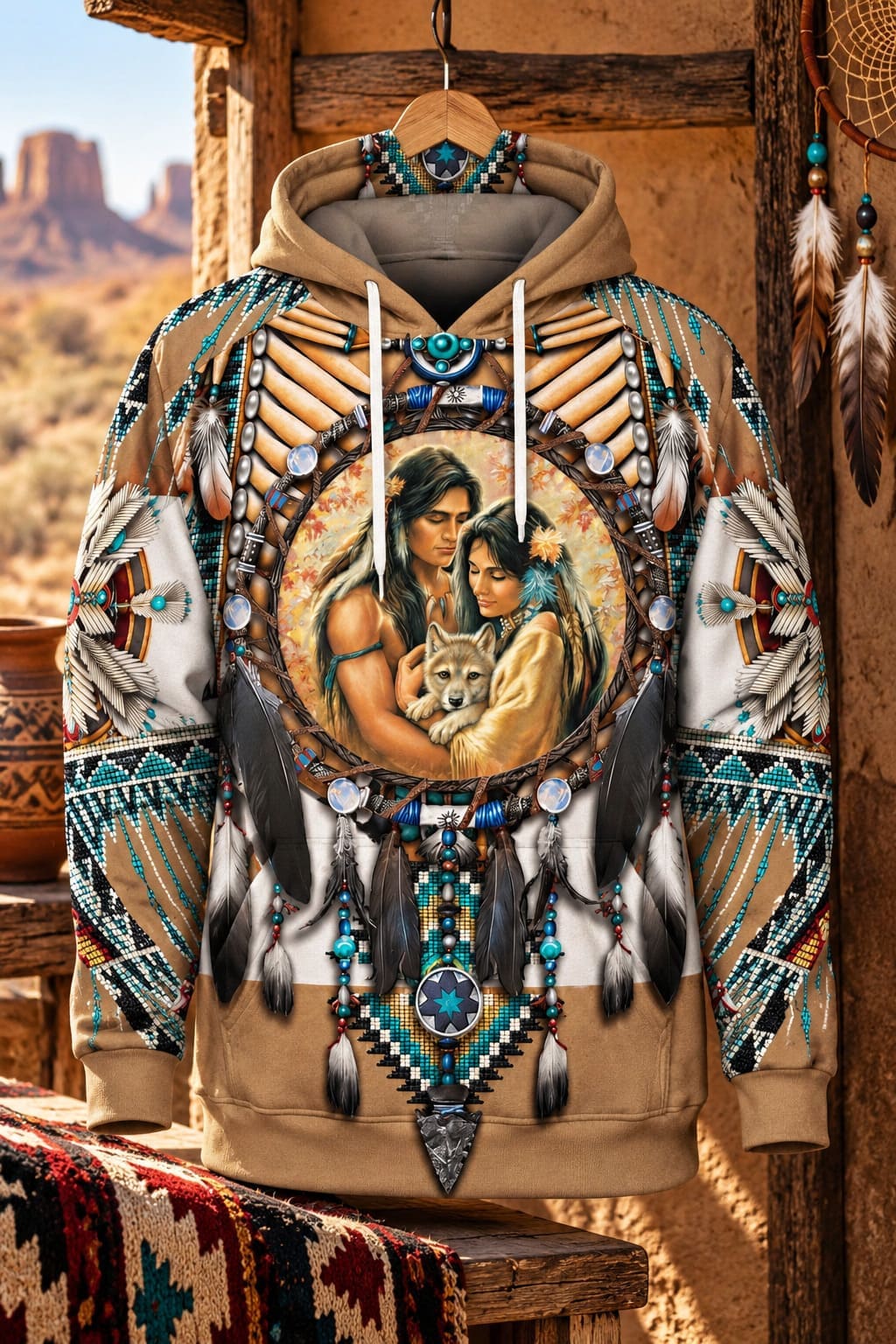 Pull Motif Indien Femme – Couple et Loup – Amour Eternel