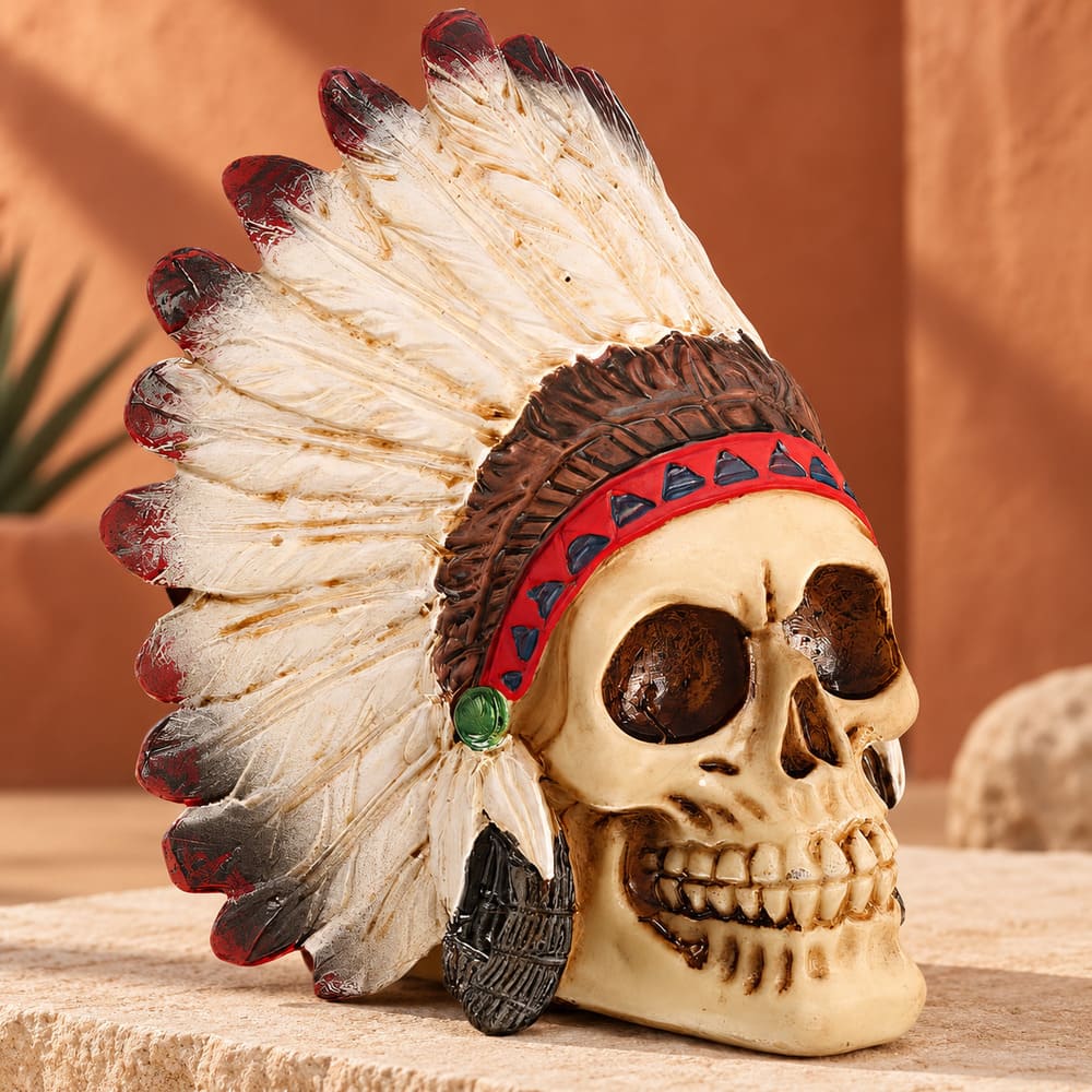 Statuette Crâne de Chef Indien à Plumes