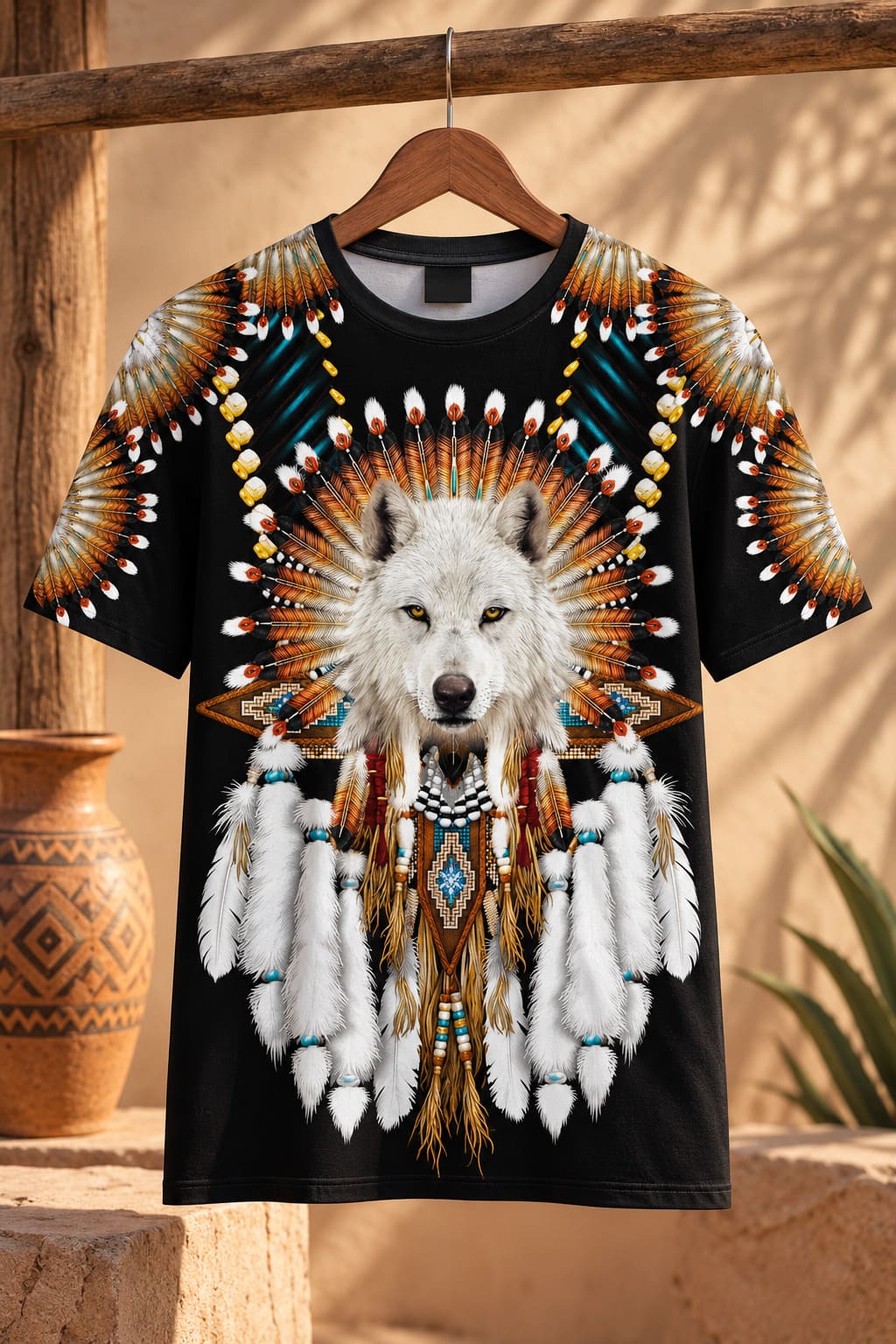 T-Shirt Tête de Loup et Motifs Tribaux Indien
