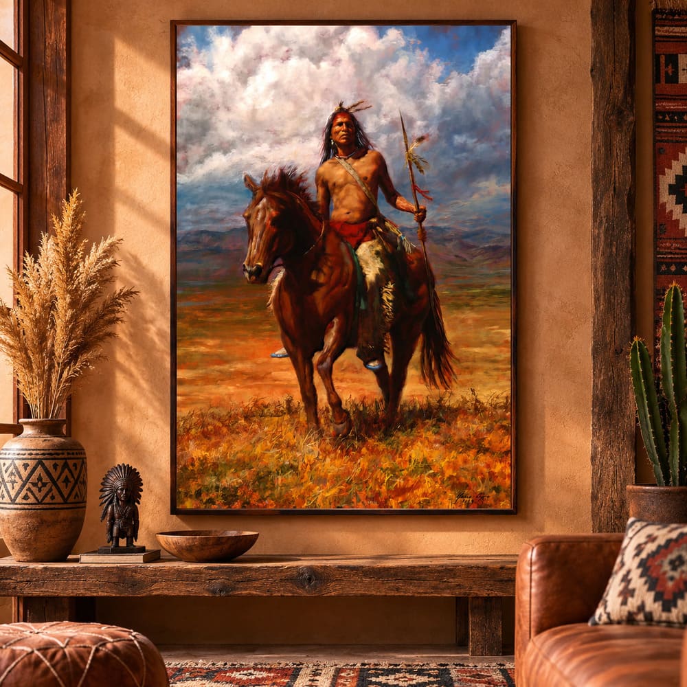 Tableau Chef Indien à Cheval dans la Plaine