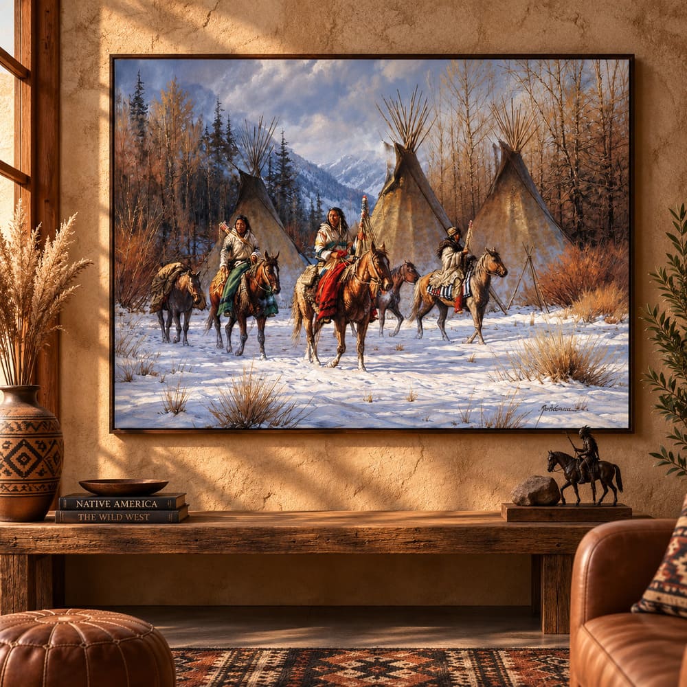 Tableau Peinture Indienne – Neige, Tipis, Montagne & Chevaux