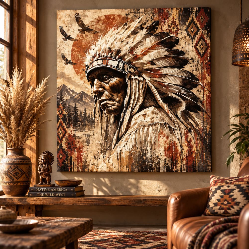 Tableau Tête d’Indien – Blanc et Beige