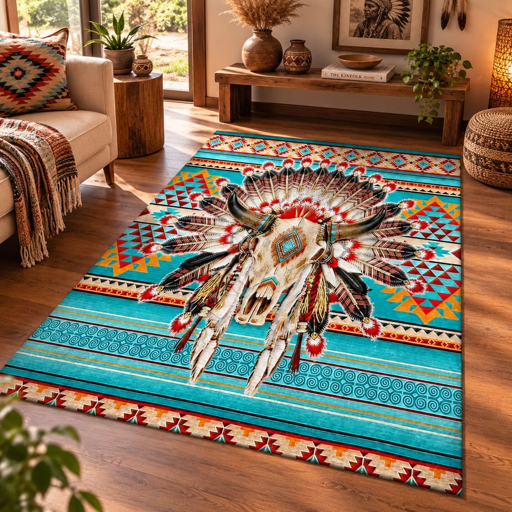 Tapis Indien Navajo – Crane de Vache – Turquoise, Doré et Rouge