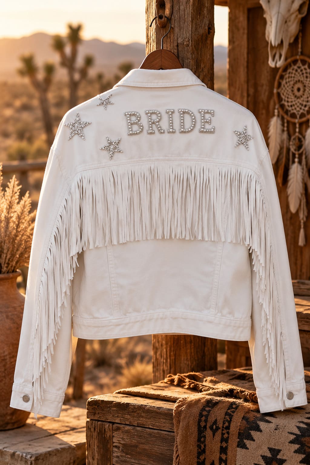 Veste Blanche – Etoiles Argentées et Franges dans le Dos