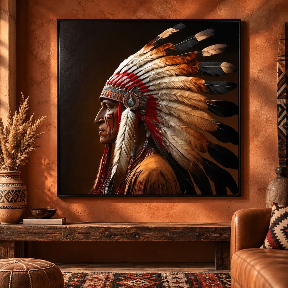 Tableau Chef Amérindien Coiffe Majestueuse