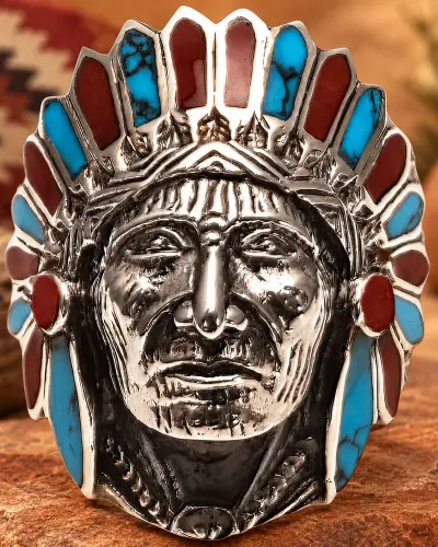 Bague Tête d’Indien à Coiffe Rouge et Turquoise