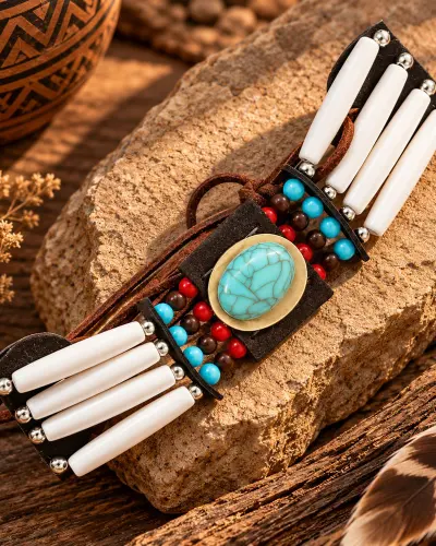 Collier Ras de Cou Indien – Os et Turquoise Synthétique